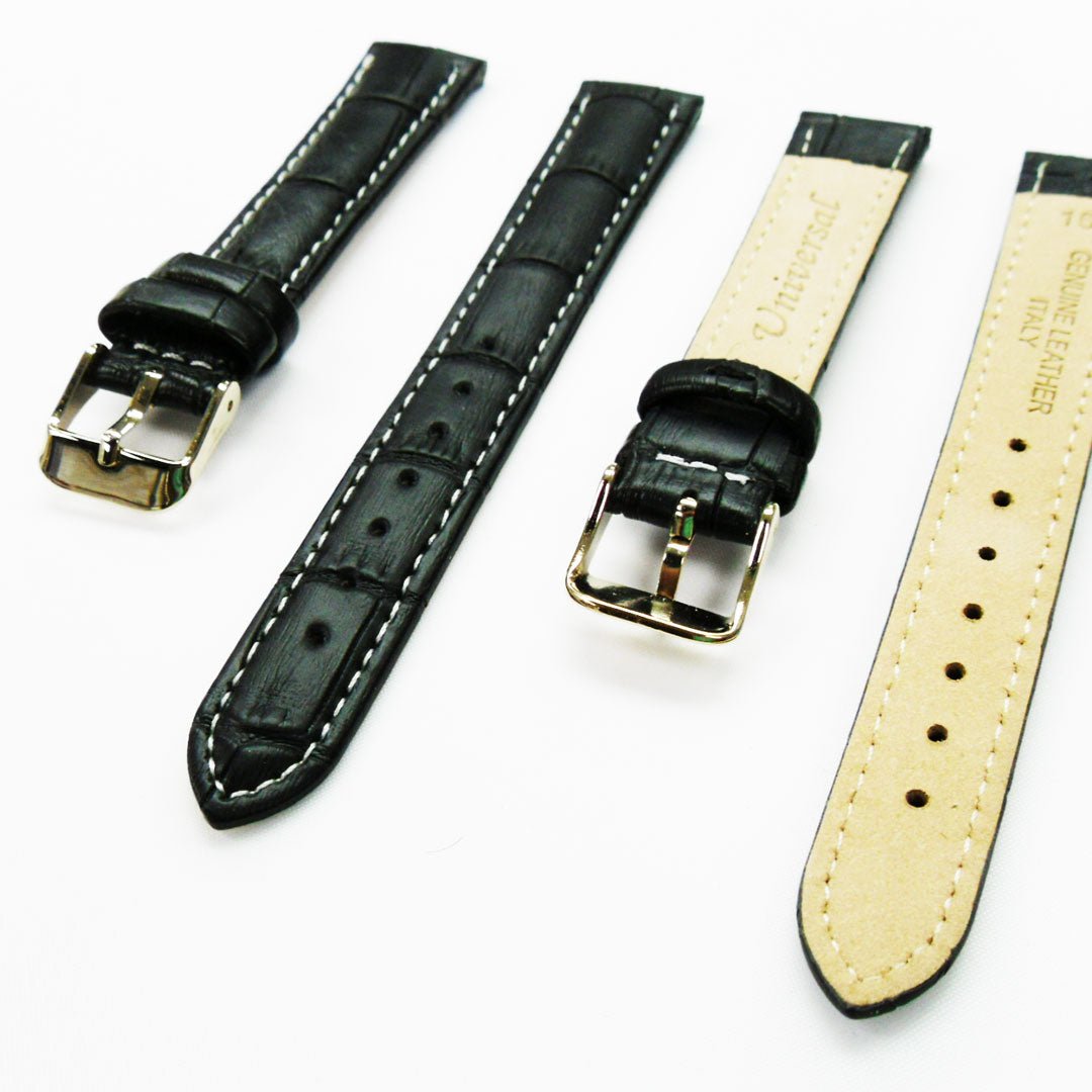 Genuine Leather Watch Band, Black Alligator Straps, Padded, Black and White Stitches, 16MM, Regular Size, Stainless Steel Silver and Gold Buckle - Universal Jewelers & Watch Tools Inc.