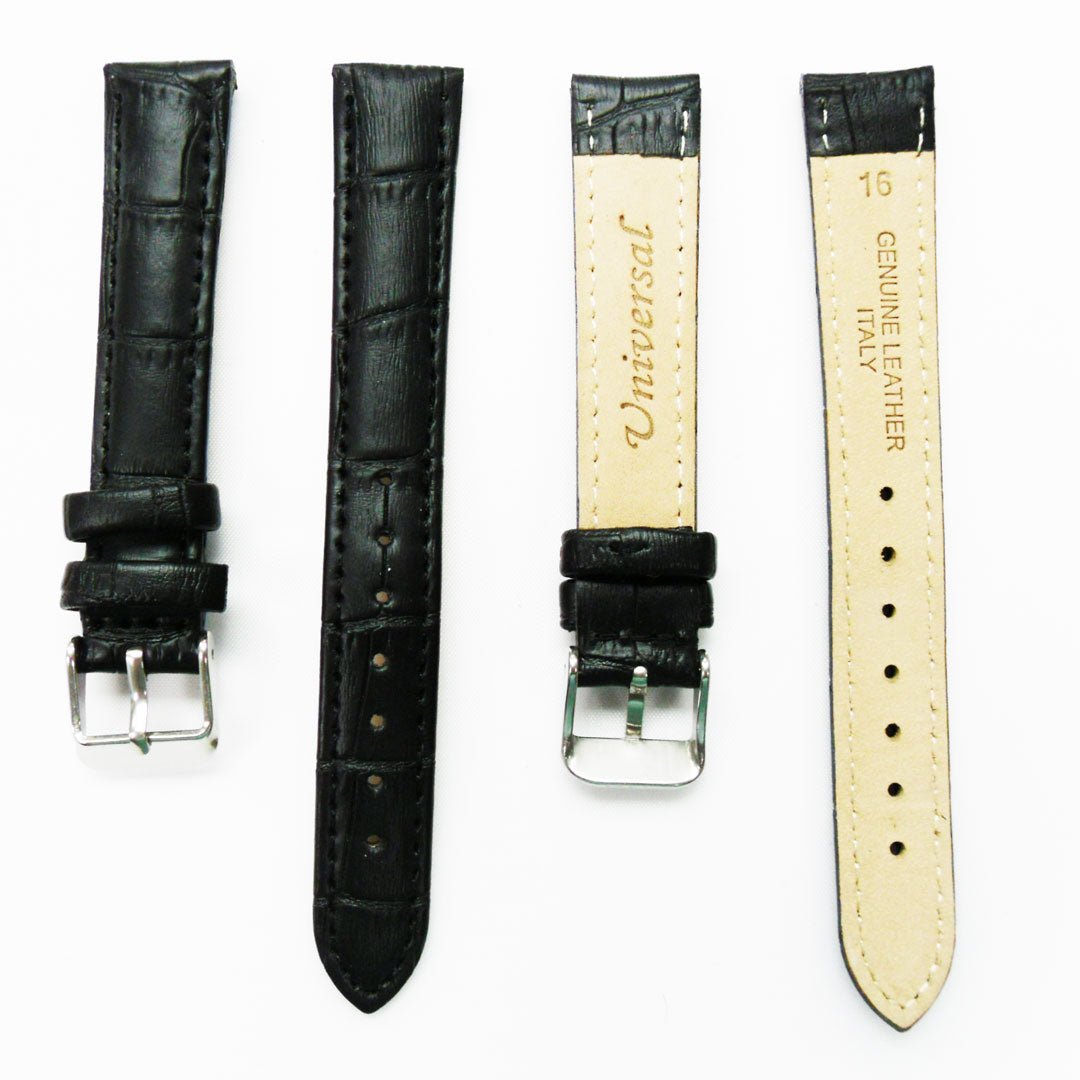 Genuine Leather Watch Band, Black Alligator Straps, Padded, Black and White Stitches, 16MM, Regular Size, Stainless Steel Silver and Gold Buckle - Universal Jewelers & Watch Tools Inc.