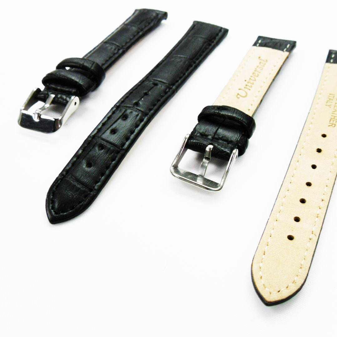 Genuine Leather Watch Band, Black Alligator Straps, Padded, Black and White Stitches, 16MM, Regular Size, Stainless Steel Silver and Gold Buckle - Universal Jewelers & Watch Tools Inc.