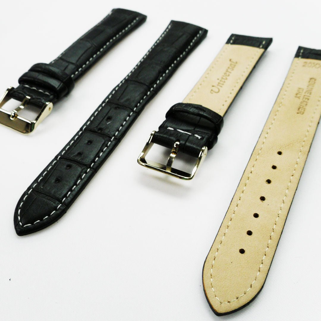 Genuine Leather Watch Band, Black Alligator Straps, Padded, Black and White Stitches, 20MM, XL Size, Stainless Steel Silver and Gold Buckle - Universal Jewelers & Watch Tools Inc.