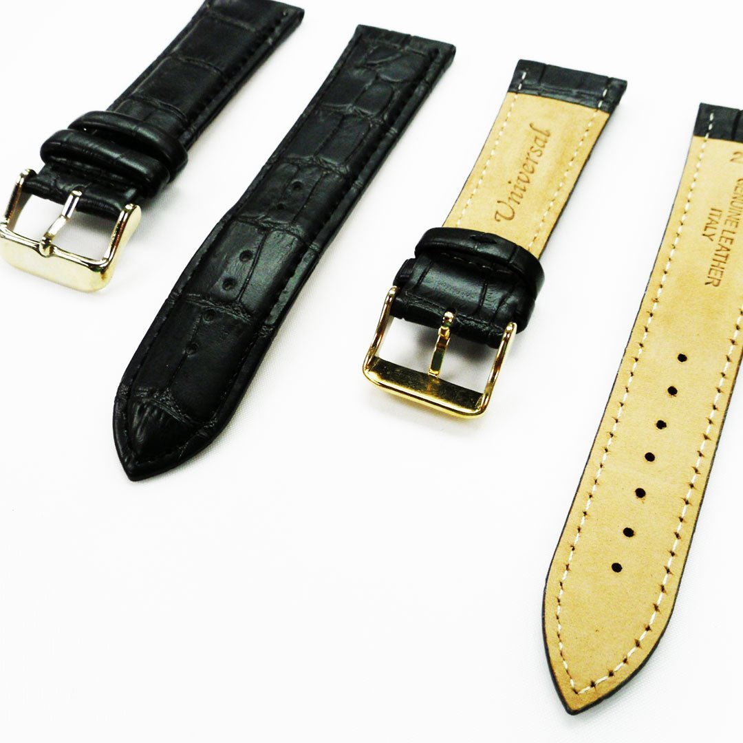 Genuine Leather Watch Band, Black Alligator Straps, Padded, Black and White Stitches, 22MM, Regular Size, Stainless Steel Silver and Gold Buckle - Universal Jewelers & Watch Tools Inc.