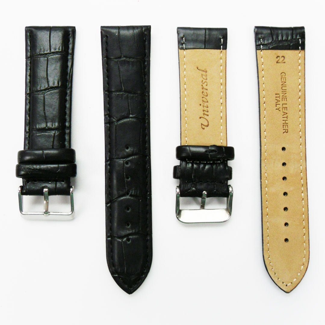 Genuine Leather Watch Band, Black Alligator Straps, Padded, Black and White Stitches, 22MM, Regular Size, Stainless Steel Silver and Gold Buckle - Universal Jewelers & Watch Tools Inc.