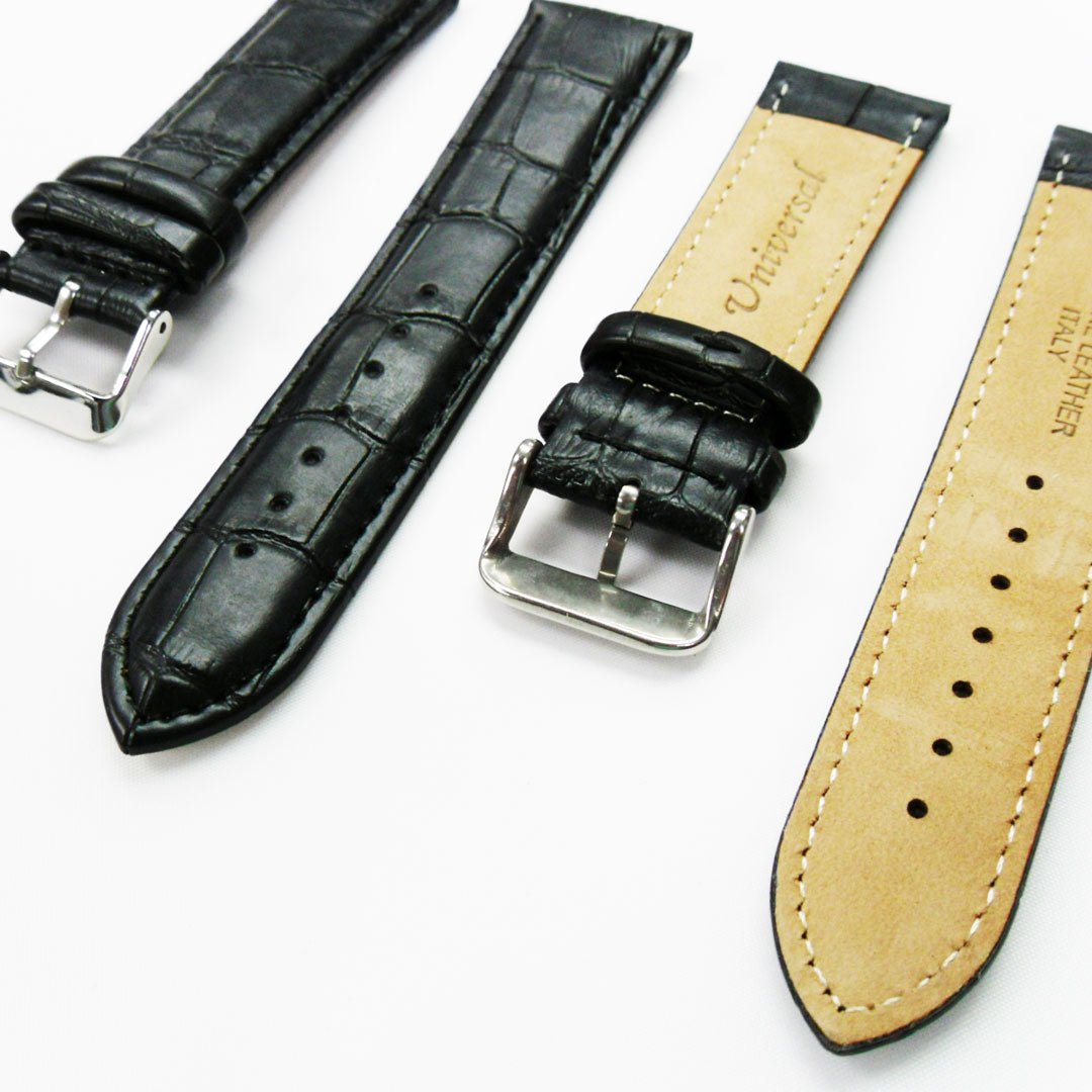 Genuine Leather Watch Band, Black Alligator Straps, Padded, Black and White Stitches, 22MM, Regular Size, Stainless Steel Silver and Gold Buckle - Universal Jewelers & Watch Tools Inc.