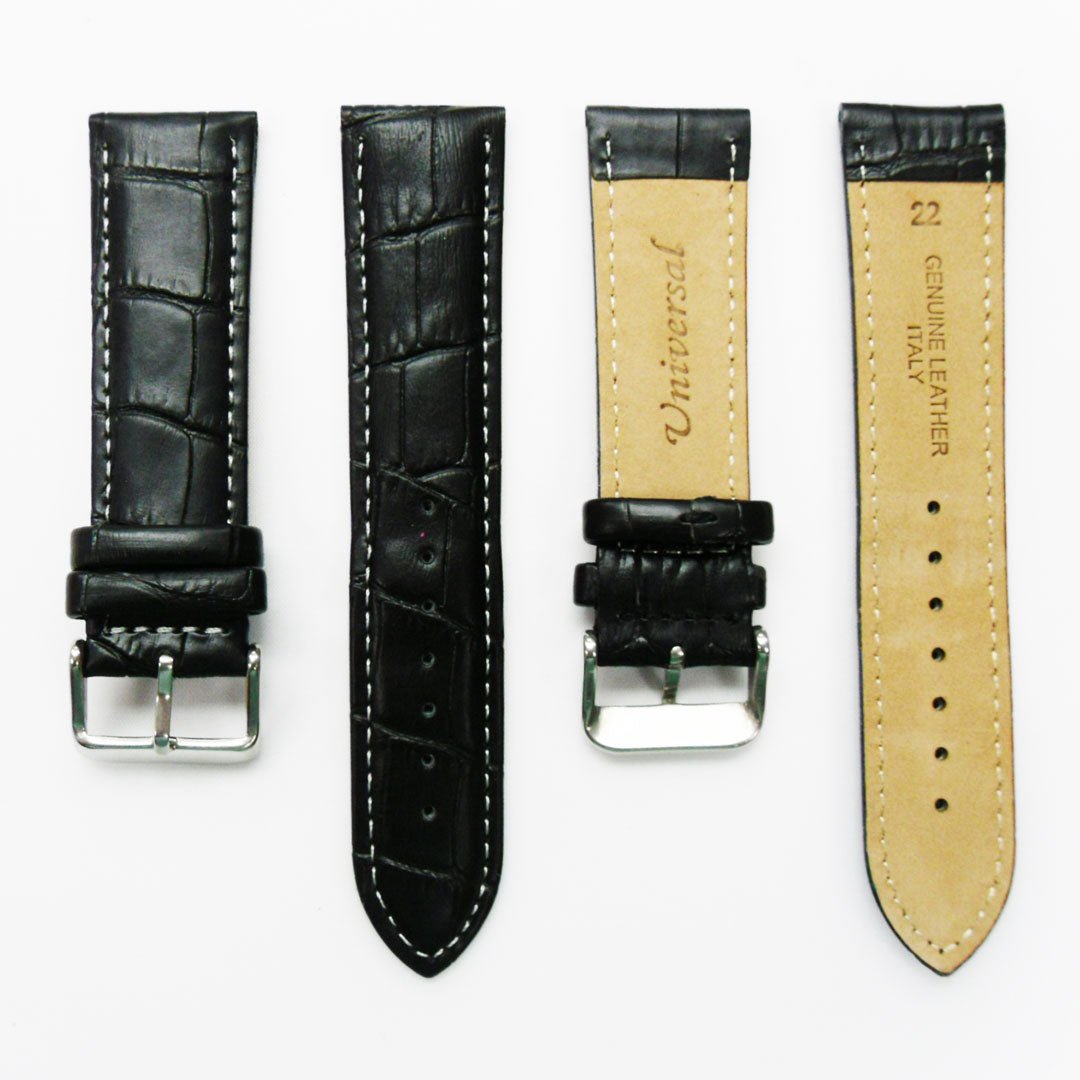 Genuine Leather Watch Band, Black Alligator Straps, Padded, Black and White Stitches, 22MM, Regular Size, Stainless Steel Silver and Gold Buckle - Universal Jewelers & Watch Tools Inc.