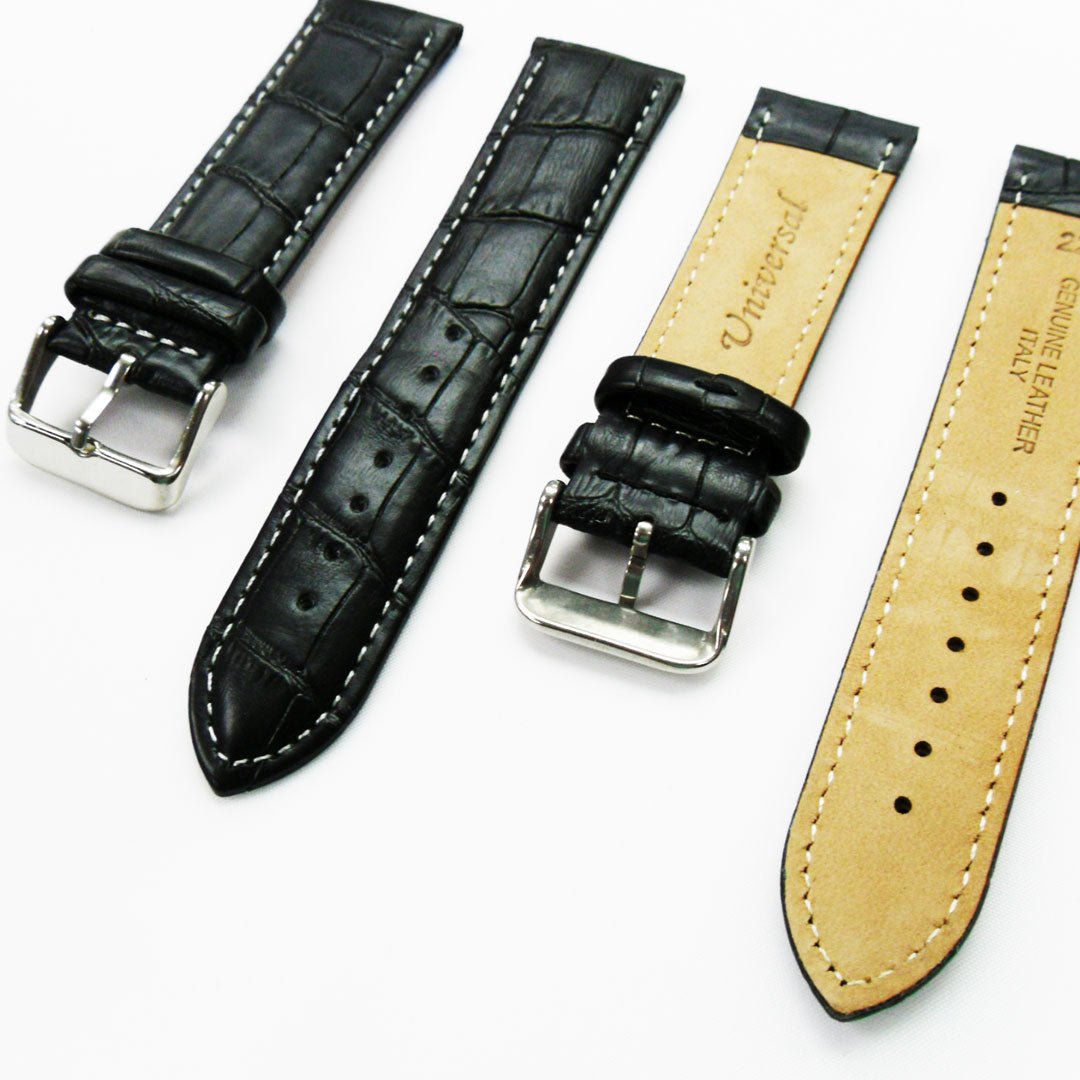 Genuine Leather Watch Band, Black Alligator Straps, Padded, Black and White Stitches, 22MM, Regular Size, Stainless Steel Silver and Gold Buckle - Universal Jewelers & Watch Tools Inc.