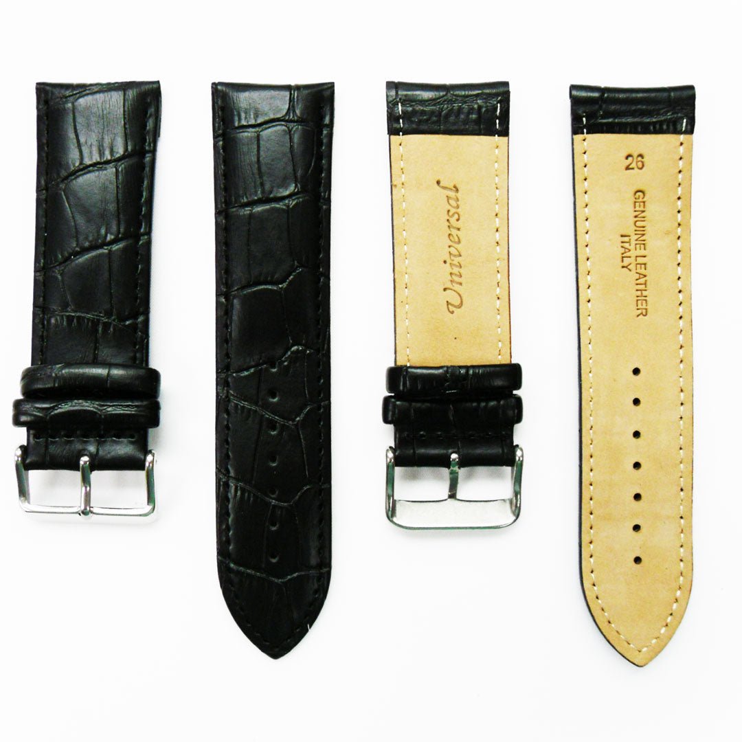 Genuine Leather Watch Band, Black and Brown Alligator Straps, Padded, Black and White Stitches, 26MM, Regular Size, Stainless Steel Silver Buckle - Universal Jewelers & Watch Tools Inc.