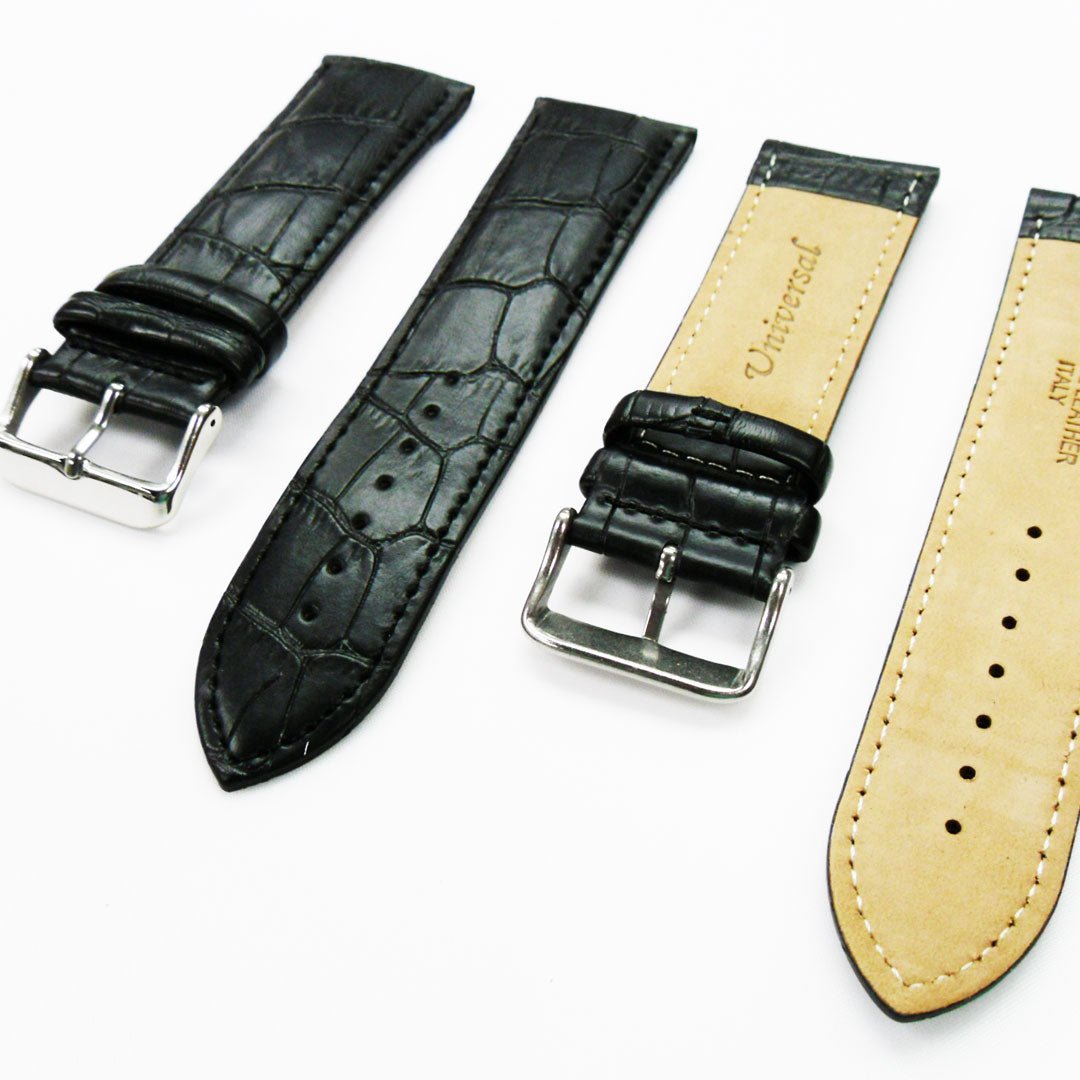 Genuine Leather Watch Band, Black and Brown Alligator Straps, Padded, Black and White Stitches, 26MM, Regular Size, Stainless Steel Silver Buckle - Universal Jewelers & Watch Tools Inc.