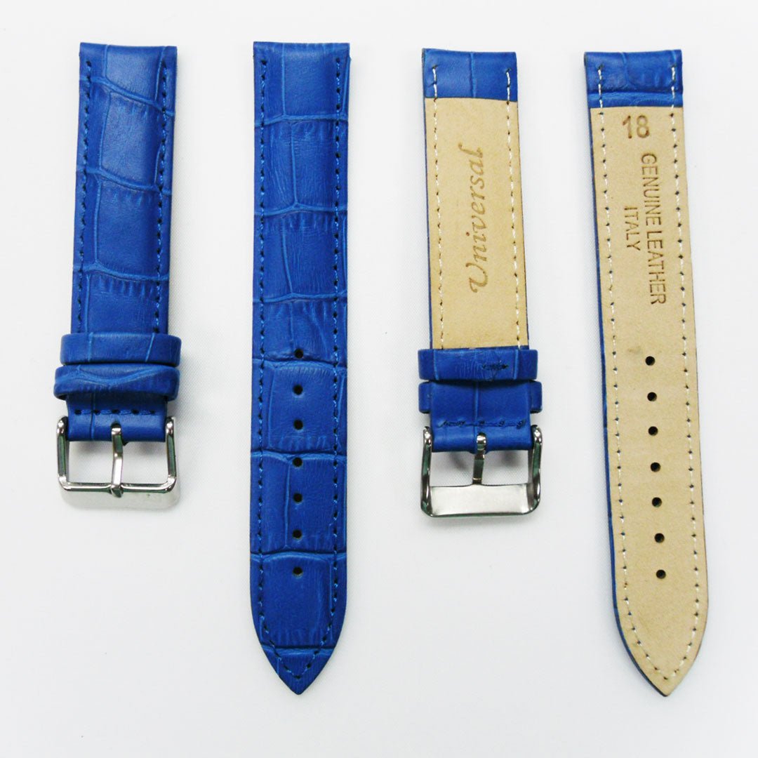 Genuine Leather Watch Band, Blue Alligator Straps, Padded, Blue Stitches, 20MM and 18MM, Regular Size, Stainless Steel Silver and Gold Buckle - Universal Jewelers & Watch Tools Inc.