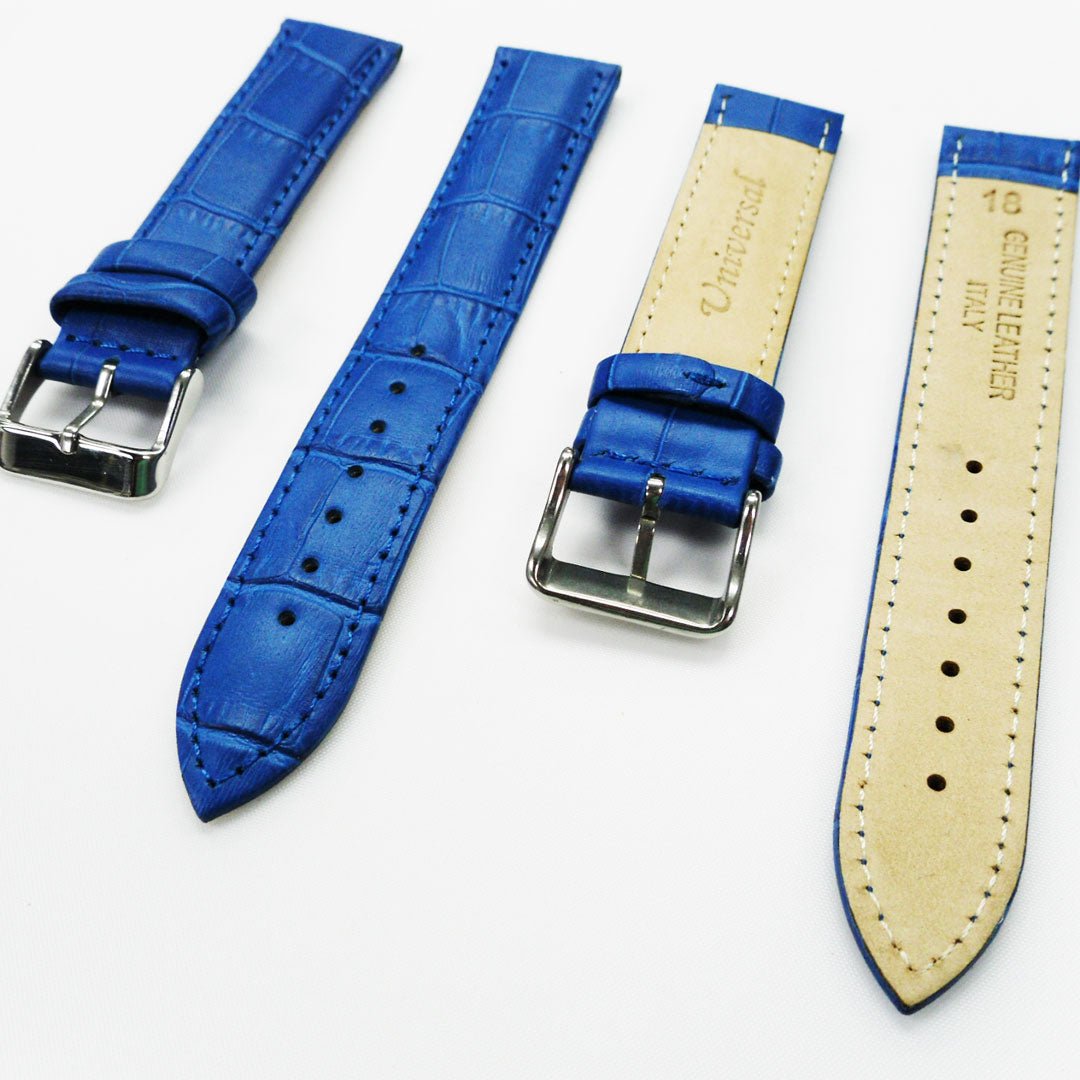 Genuine Leather Watch Band, Blue Alligator Straps, Padded, Blue Stitches, 20MM and 18MM, Regular Size, Stainless Steel Silver and Gold Buckle - Universal Jewelers & Watch Tools Inc.