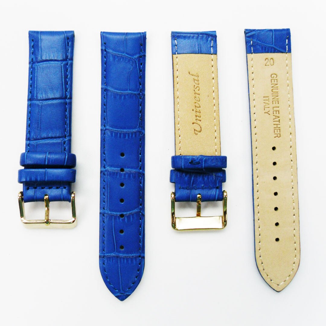 Genuine Leather Watch Band, Blue Alligator Straps, Padded, Blue Stitches, 20MM and 18MM, Regular Size, Stainless Steel Silver and Gold Buckle - Universal Jewelers & Watch Tools Inc.