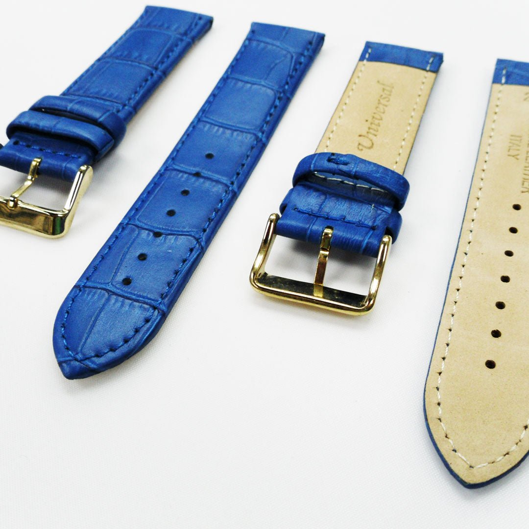 Genuine Leather Watch Band, Blue Alligator Straps, Padded, Blue Stitches, 20MM and 18MM, Regular Size, Stainless Steel Silver and Gold Buckle - Universal Jewelers & Watch Tools Inc.