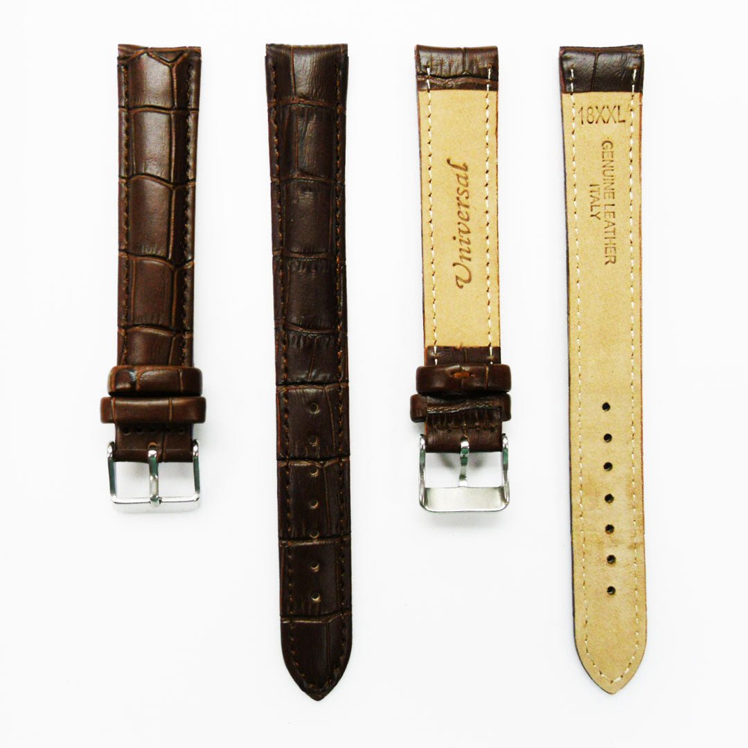 Genuine Leather Watch Band, Brown Alligator Straps, Padded, White and Brown Stitches, 18MM, XL Size, Stainless Steel Silver and Gold Buckle - Universal Jewelers & Watch Tools Inc.