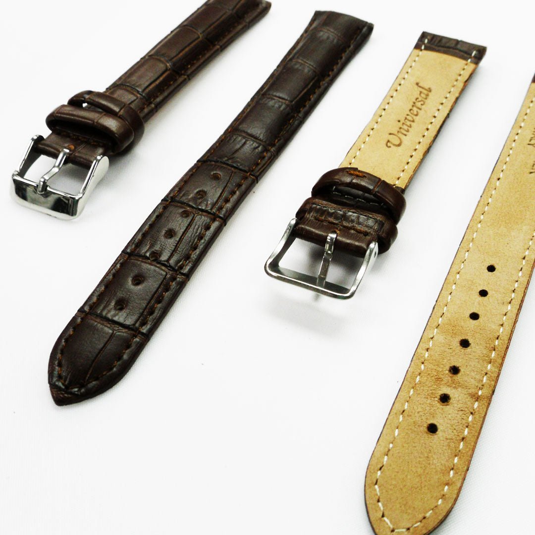 Genuine Leather Watch Band, Brown Alligator Straps, Padded, White and Brown Stitches, 18MM, XL Size, Stainless Steel Silver and Gold Buckle - Universal Jewelers & Watch Tools Inc.