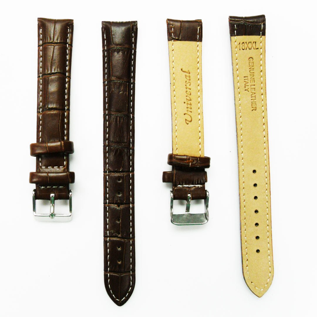 Genuine Leather Watch Band, Brown Alligator Straps, Padded, White and Brown Stitches, 18MM, XL Size, Stainless Steel Silver and Gold Buckle - Universal Jewelers & Watch Tools Inc.