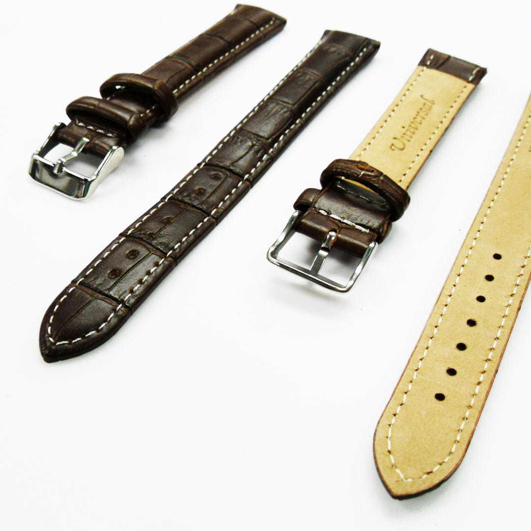 Genuine Leather Watch Band, Brown Alligator Straps, Padded, White and Brown Stitches, 18MM, XL Size, Stainless Steel Silver and Gold Buckle - Universal Jewelers & Watch Tools Inc.