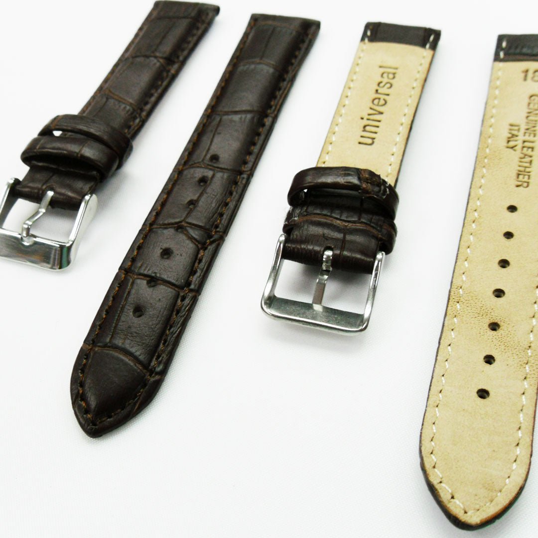 Genuine Leather Watch Band, Dark Brown Alligator Straps, Padded, Brown Stitches, 18MM, XL Size, Stainless Steel Silver Buckle - Universal Jewelers & Watch Tools Inc.