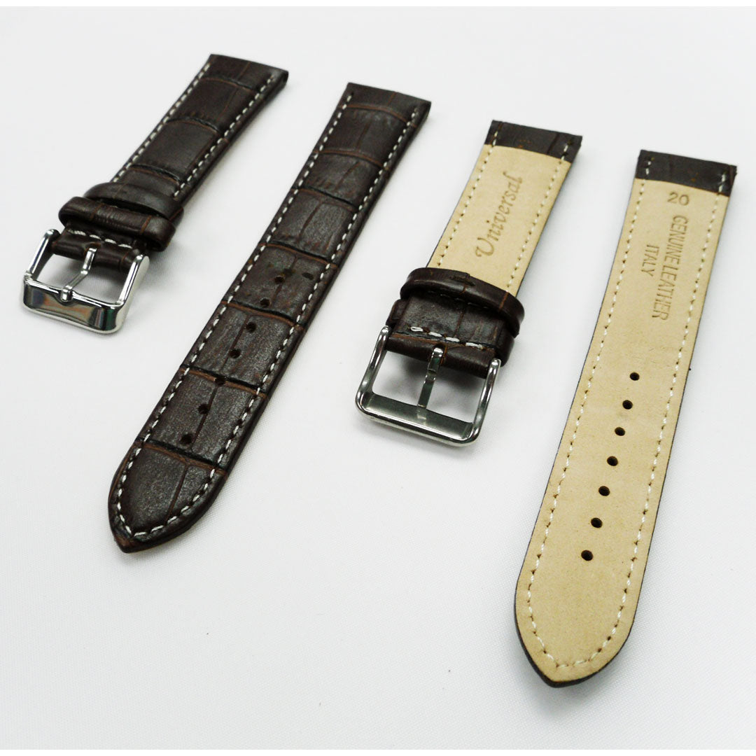 Genuine Leather Watch Band, Dark Brown Alligator Straps, Padded, Brown and White Stitches, 20MM, Regular Size, Stainless Steel Silver and Gold Buckle
