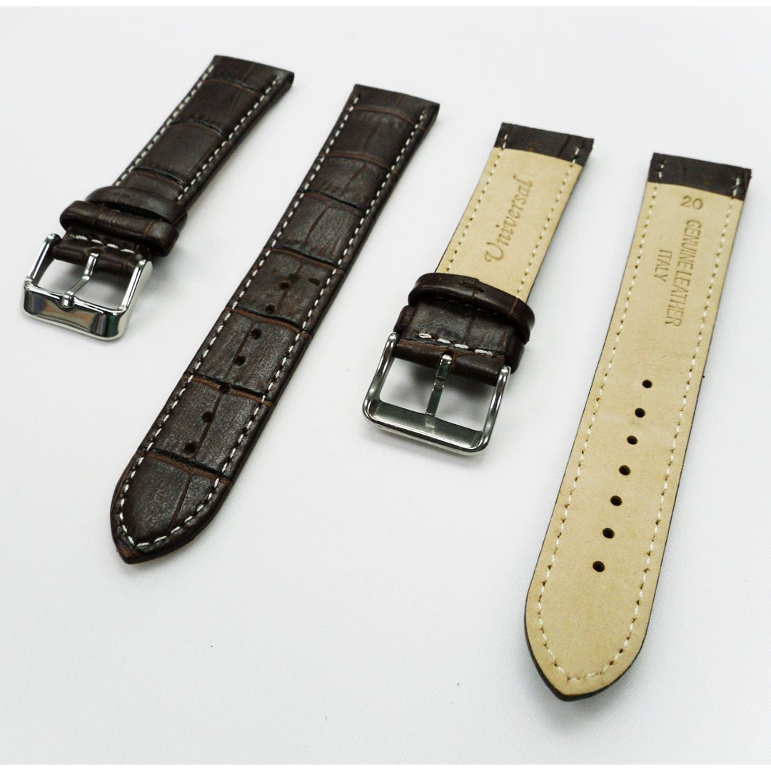 Genuine Leather Watch Band, Dark Brown Alligator Straps, Padded, Brown and White Stitches, 20MM, Regular Size, Stainless Steel Silver and Gold Buckle - Universal Jewelers & Watch Tools Inc.