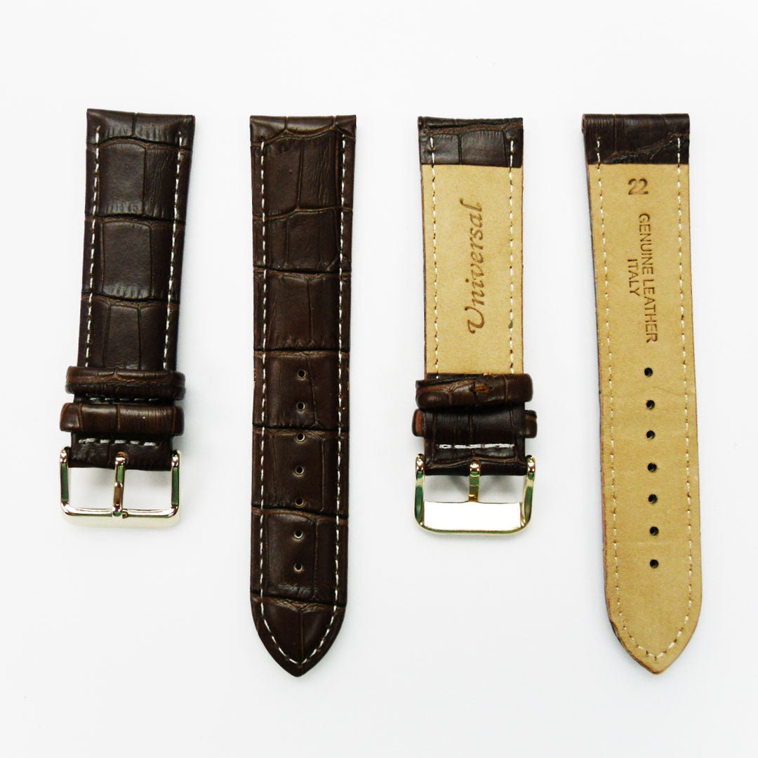 Genuine Leather Watch Band, Dark Brown Alligator Straps, Padded, Brown and White Stitches, 22MM, Regular Size, Stainless Steel Silver and Gold Buckle - Universal Jewelers & Watch Tools Inc.