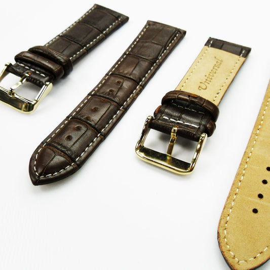 Genuine Leather Watch Band, Dark Brown Alligator Straps, Padded, Brown and White Stitches, 22MM, Regular Size, Stainless Steel Silver and Gold Buckle - Universal Jewelers & Watch Tools Inc.