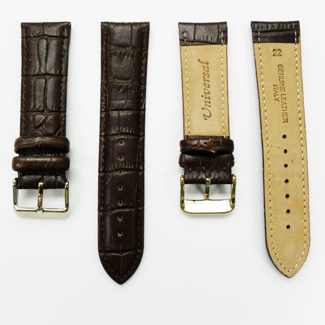 Genuine Leather Watch Band, Dark Brown Alligator Straps, Padded, Brown and White Stitches, 22MM, Regular Size, Stainless Steel Silver and Gold Buckle - Universal Jewelers & Watch Tools Inc.