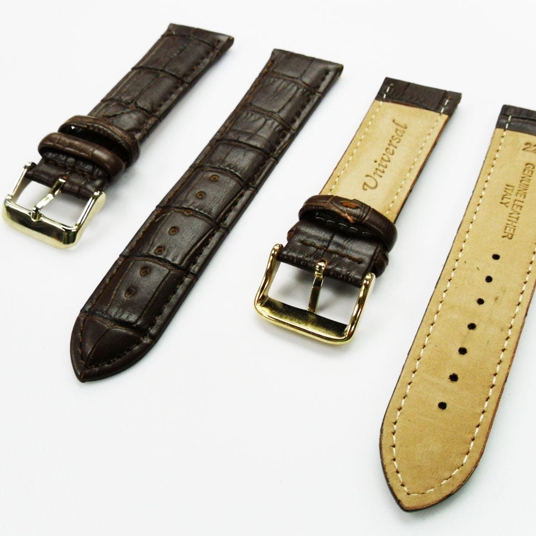 Genuine Leather Watch Band, Dark Brown Alligator Straps, Padded, Brown and White Stitches, 22MM, Regular Size, Stainless Steel Silver and Gold Buckle - Universal Jewelers & Watch Tools Inc.