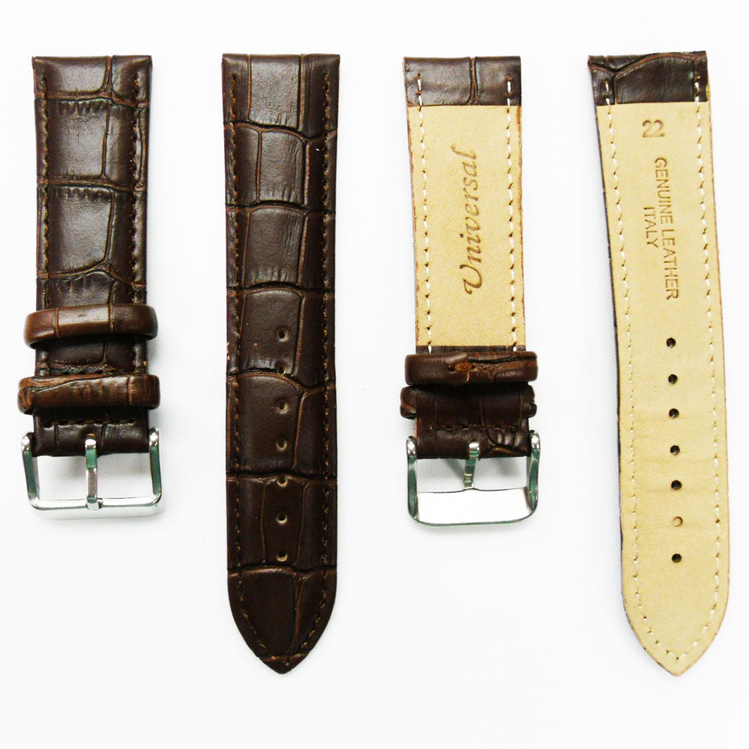 Genuine Leather Watch Band, Dark Brown Alligator Straps, Padded, Brown and White Stitches, 22MM, Regular Size, Stainless Steel Silver and Gold Buckle - Universal Jewelers & Watch Tools Inc.