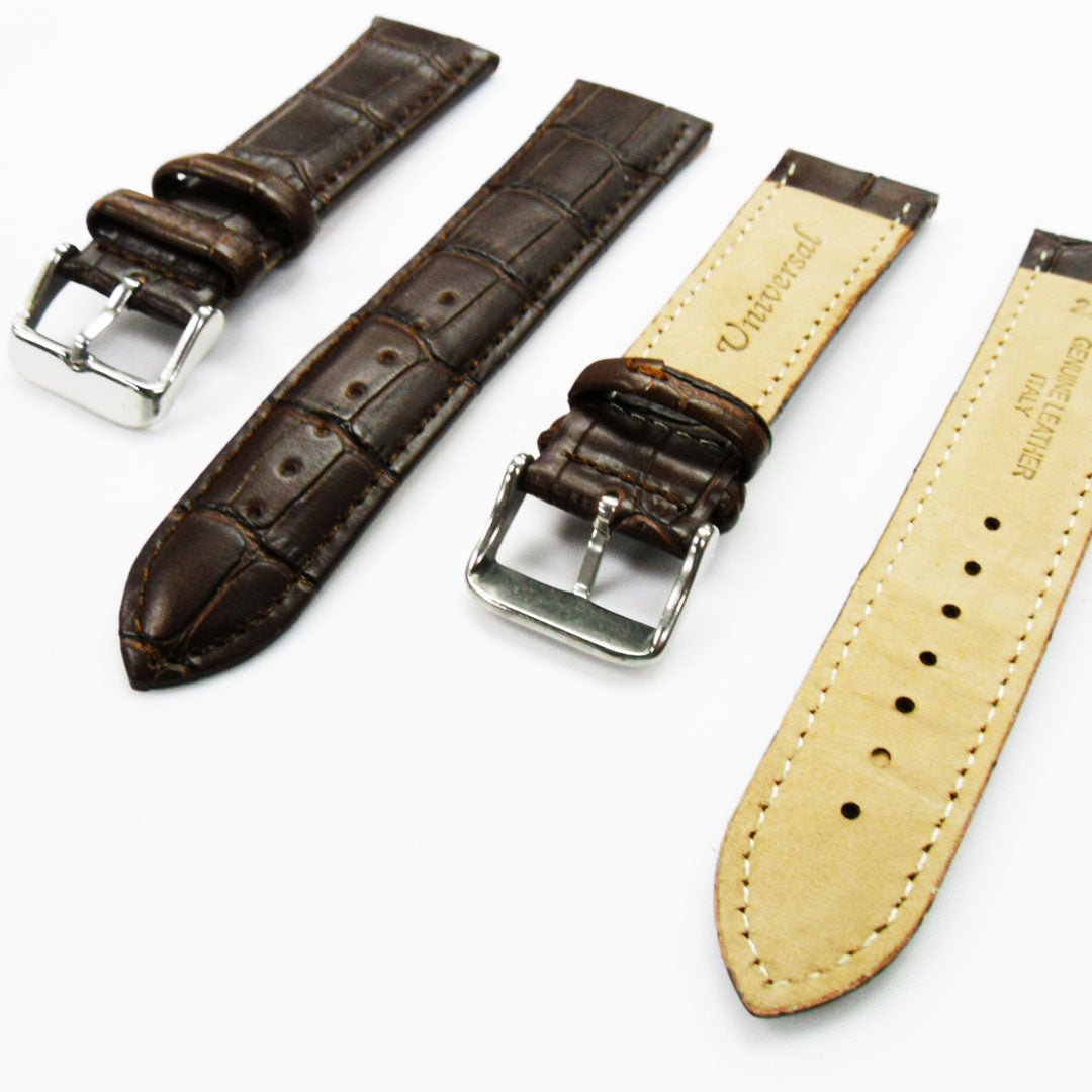 Genuine Leather Watch Band, Dark Brown Alligator Straps, Padded, Brown and White Stitches, 22MM, Regular Size, Stainless Steel Silver and Gold Buckle - Universal Jewelers & Watch Tools Inc.