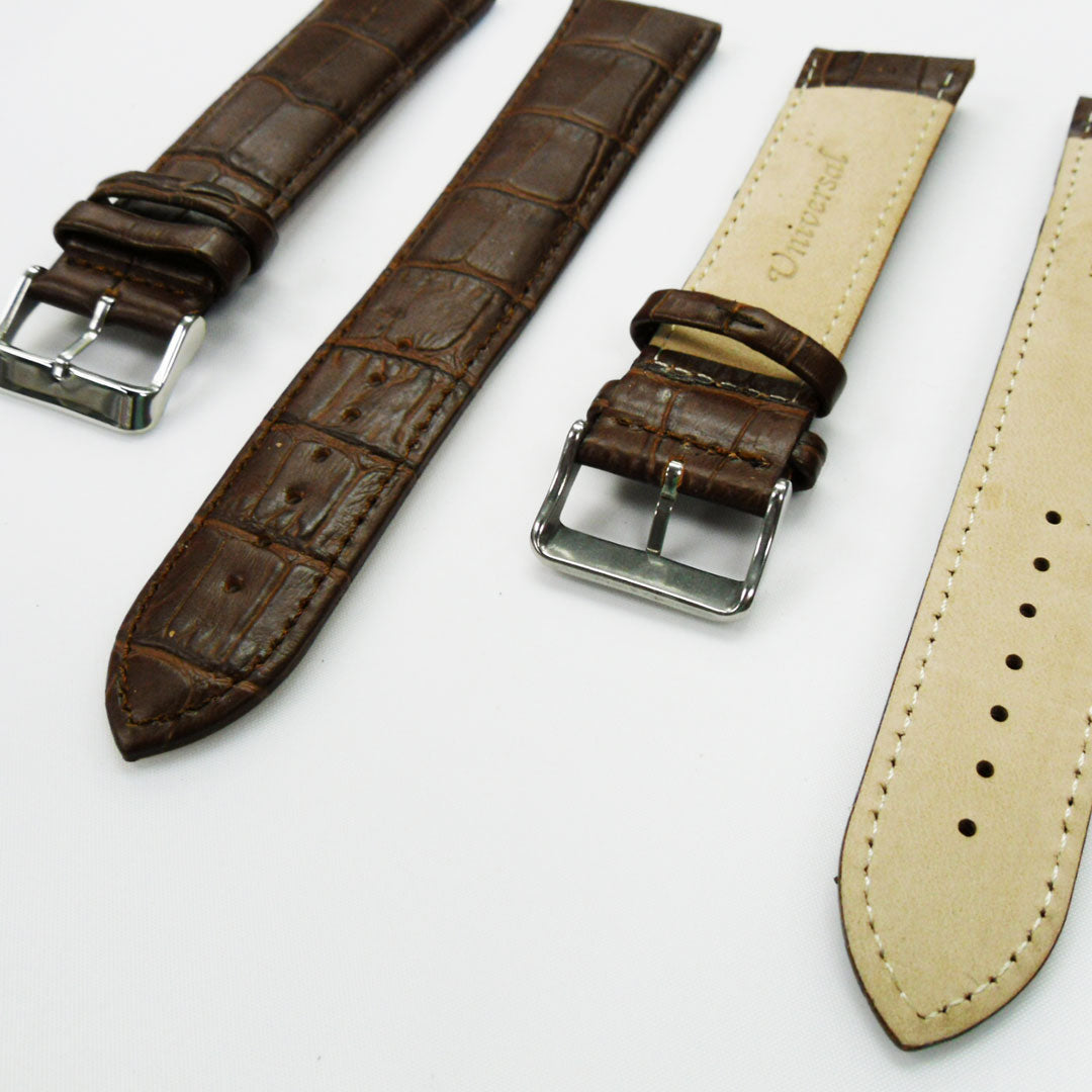 Genuine Leather Watch Band, Dark Brown Alligator Straps, Padded, Brown and White Stitches, 22MM and 24MM, XL Size, Stainless Steel Silver and Gold Buckle