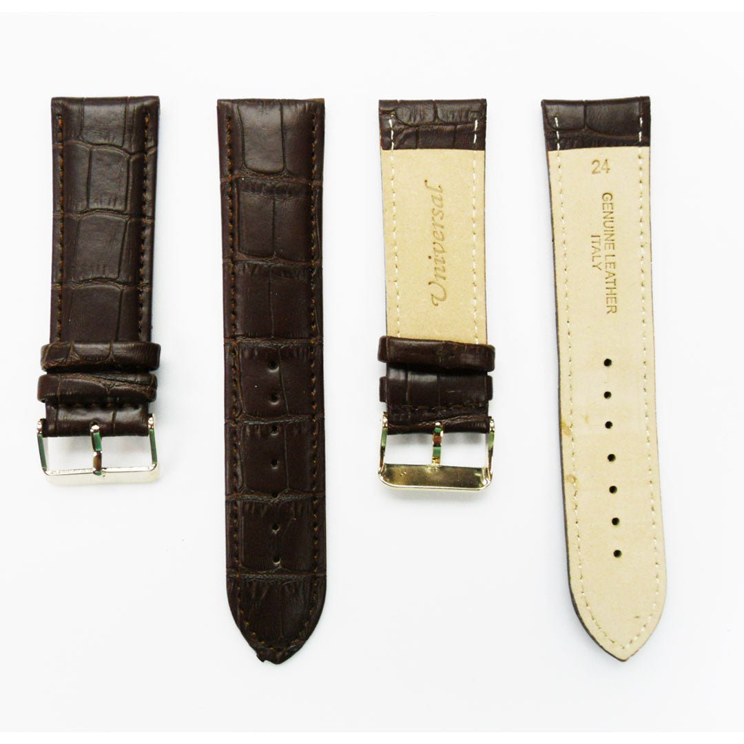 Genuine Leather Watch Band, Dark Brown Alligator Straps, Padded, Brown and White Stitches, 24MM, Regular Size, Stainless Steel Silver and Gold Buckle - Universal Jewelers & Watch Tools Inc.