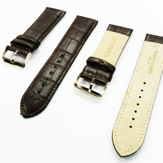 Genuine Leather Watch Band, Dark Brown Alligator Straps, Padded, Brown and White Stitches, 24MM, Regular Size, Stainless Steel Silver and Gold Buckle - Universal Jewelers & Watch Tools Inc.