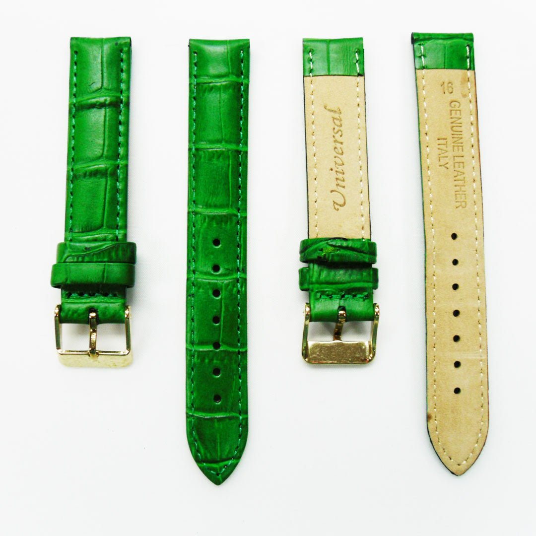 Genuine Leather Watch Band, Green Alligator Straps, Padded, Green Stitches, 16MM and 18MM, Regular Size, Stainless Steel Silver and Gold Buckle - Universal Jewelers & Watch Tools Inc.