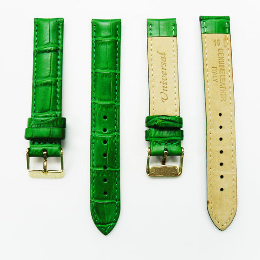 Genuine Leather Watch Band, Green Alligator Straps, Padded, Green Stitches, 16MM and 18MM, Regular Size, Stainless Steel Silver and Gold Buckle - Universal Jewelers & Watch Tools Inc.