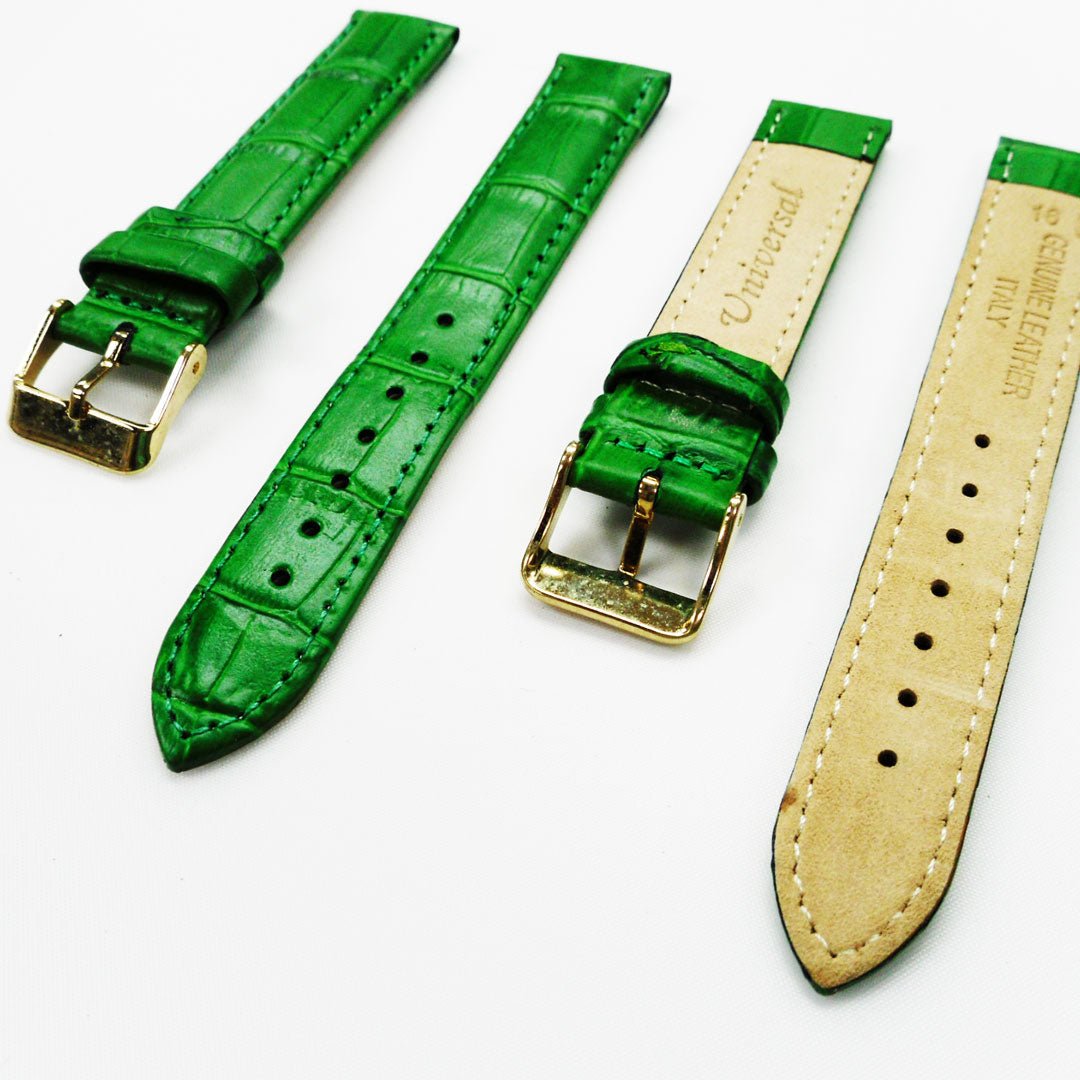 Genuine Leather Watch Band, Green Alligator Straps, Padded, Green Stitches, 16MM and 18MM, Regular Size, Stainless Steel Silver and Gold Buckle - Universal Jewelers & Watch Tools Inc.