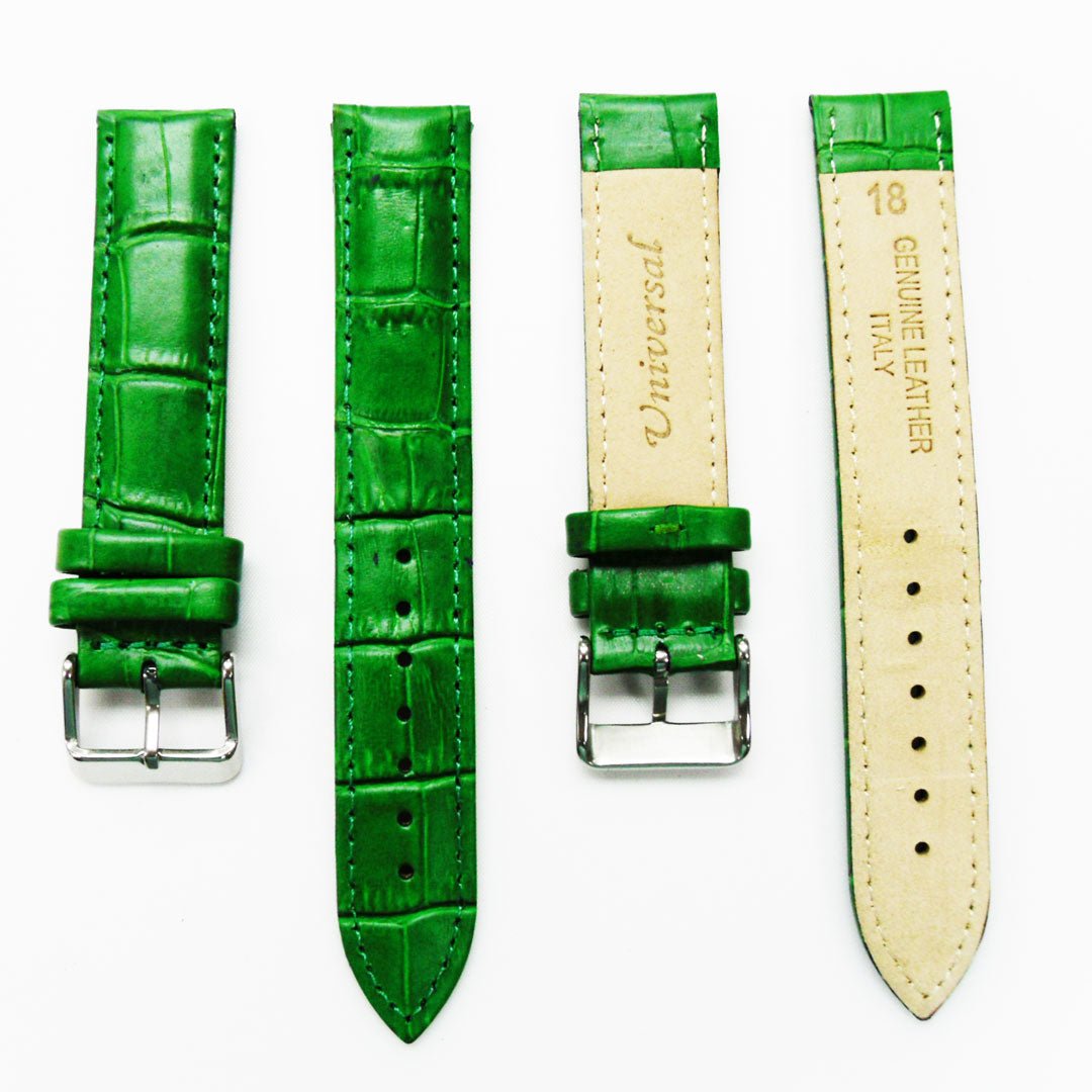 Genuine Leather Watch Band, Green Alligator Straps, Padded, Green Stitches, 16MM and 18MM, Regular Size, Stainless Steel Silver and Gold Buckle - Universal Jewelers & Watch Tools Inc.