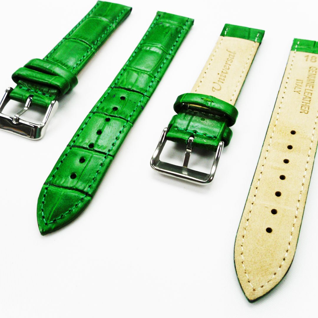 Genuine Leather Watch Band, Green Alligator Straps, Padded, Green Stitches, 16MM and 18MM, Regular Size, Stainless Steel Silver and Gold Buckle - Universal Jewelers & Watch Tools Inc.