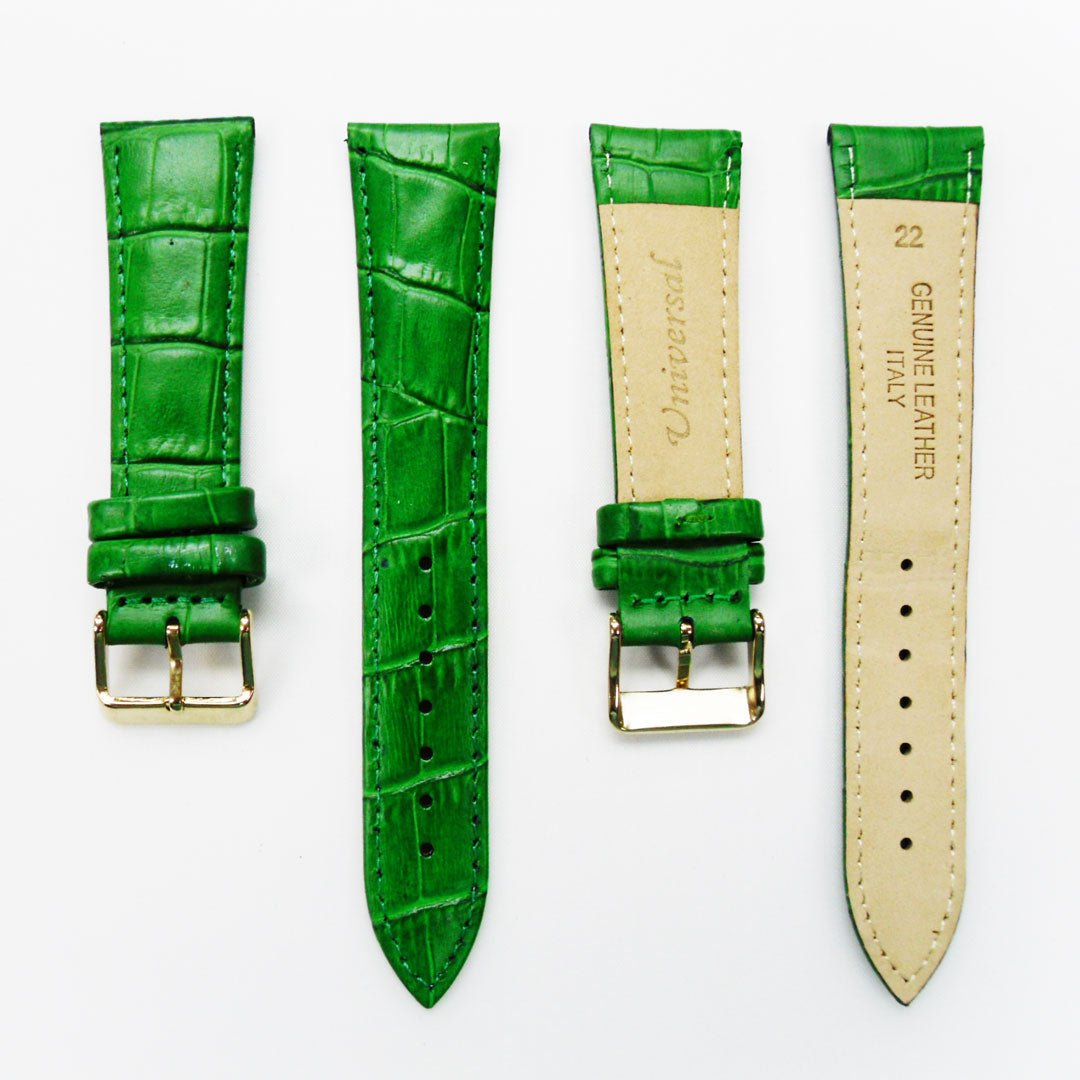 Genuine Leather Watch Band, Green Alligator Straps, Padded, Green Stitches, 22MM and 20MM, Regular Size, Stainless Steel Silver and Gold Buckle - Universal Jewelers & Watch Tools Inc.