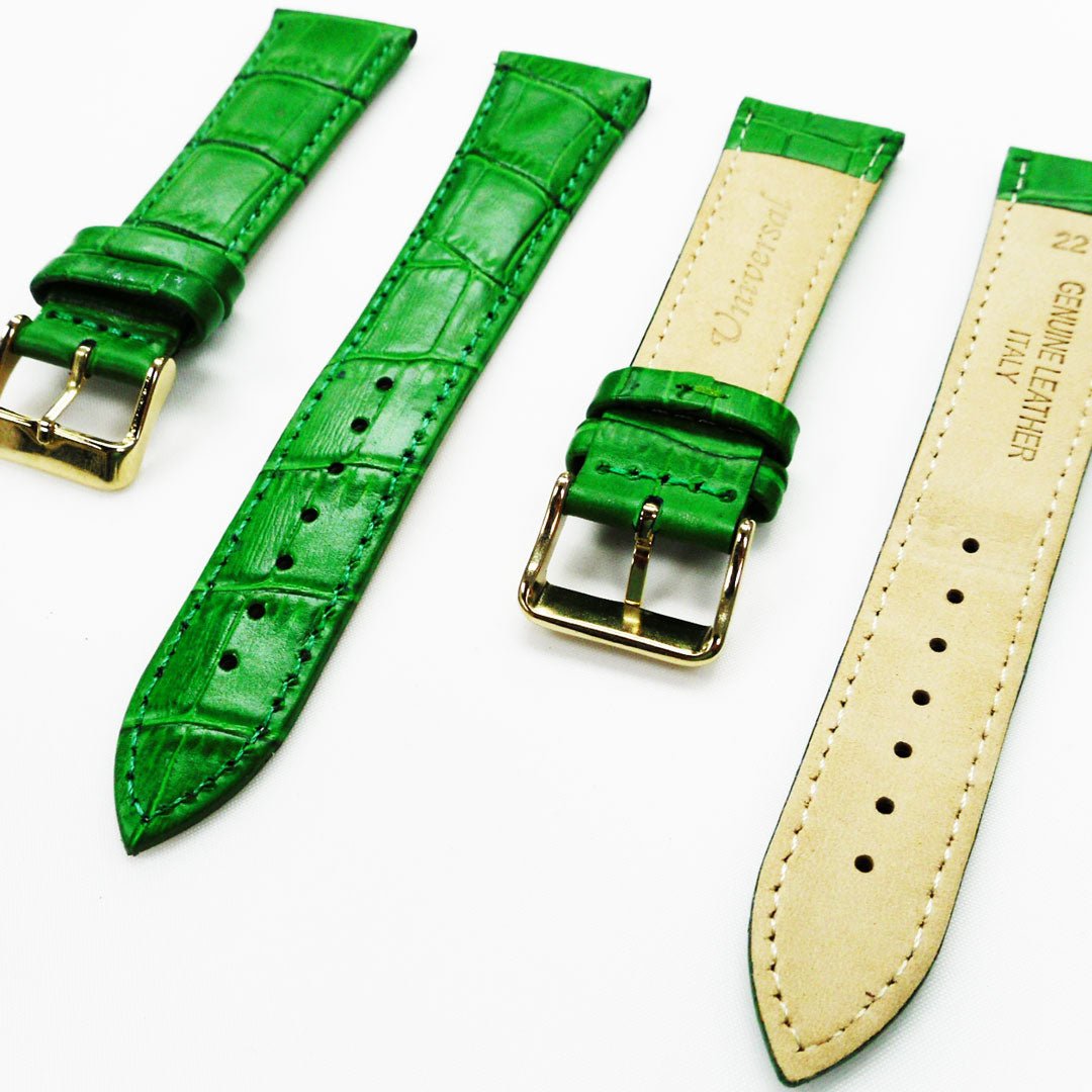 Genuine Leather Watch Band, Green Alligator Straps, Padded, Green Stitches, 22MM and 20MM, Regular Size, Stainless Steel Silver and Gold Buckle - Universal Jewelers & Watch Tools Inc.