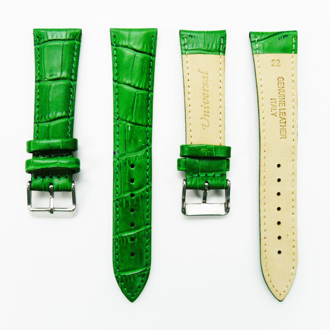 Genuine Leather Watch Band, Green Alligator Straps, Padded, Green Stitches, 22MM and 20MM, Regular Size, Stainless Steel Silver and Gold Buckle - Universal Jewelers & Watch Tools Inc.