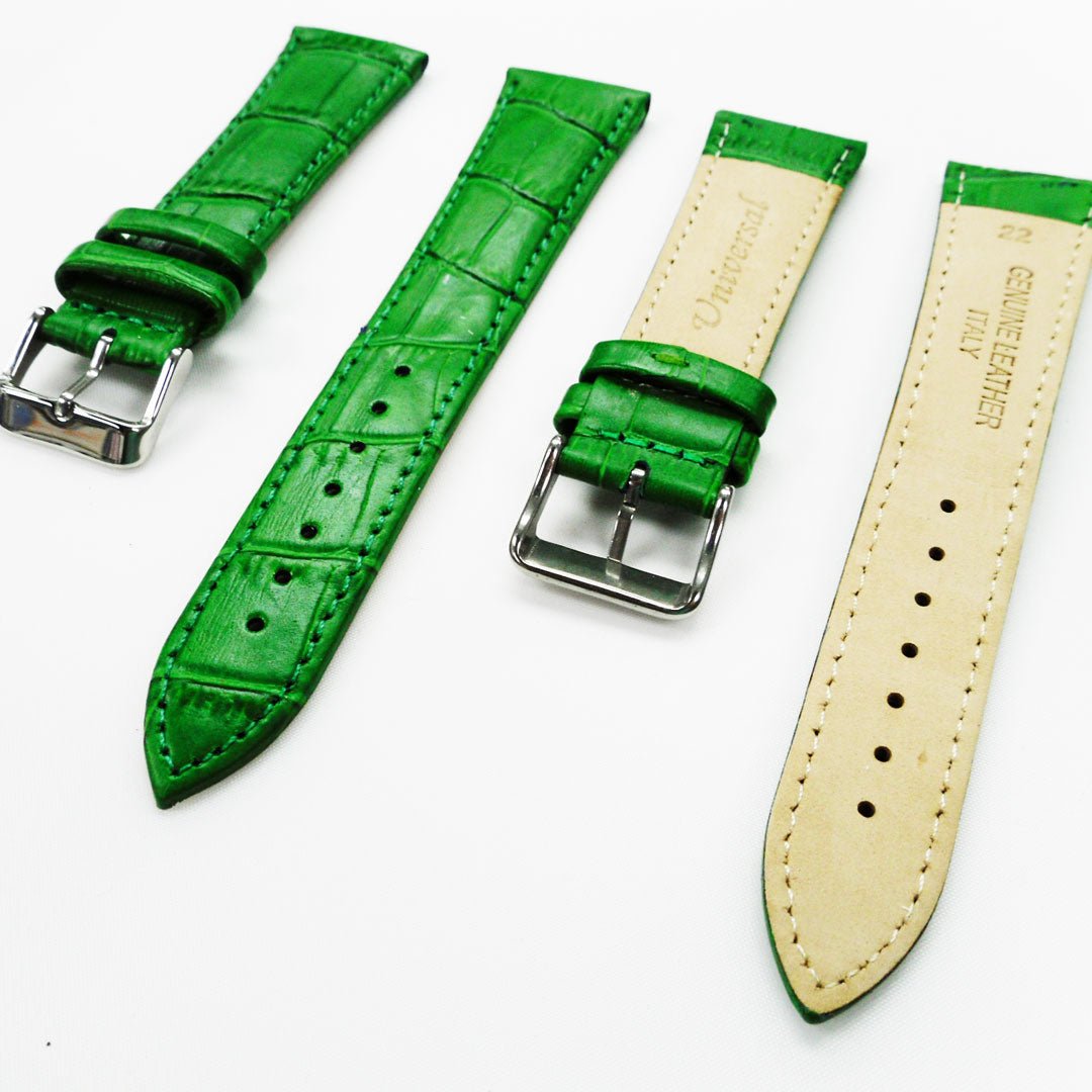 Genuine Leather Watch Band, Green Alligator Straps, Padded, Green Stitches, 22MM and 20MM, Regular Size, Stainless Steel Silver and Gold Buckle - Universal Jewelers & Watch Tools Inc.