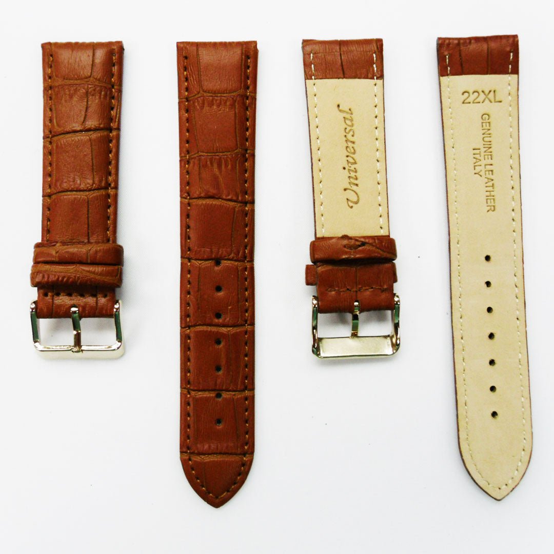 Genuine Leather Watch Band, Light Brown Alligator Straps, Padded, Brown and White Stitches, 22MM, Regular Size, Stainless Steel Silver and Gold Buckle - Universal Jewelers & Watch Tools Inc.