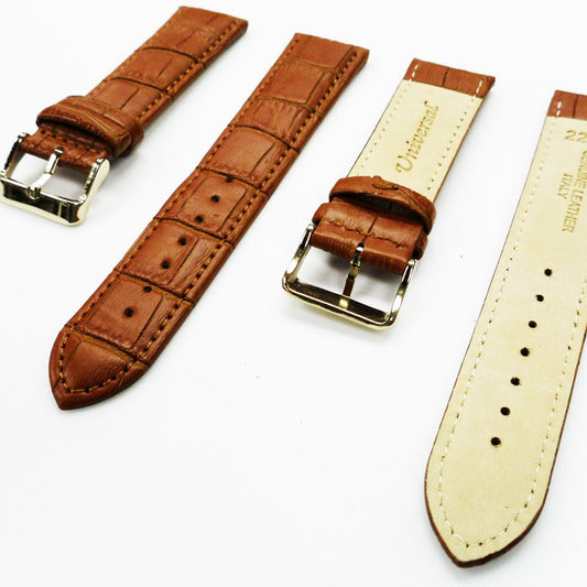 Genuine Leather Watch Band, Light Brown Alligator Straps, Padded, Brown and White Stitches, 22MM, Regular Size, Stainless Steel Silver and Gold Buckle - Universal Jewelers & Watch Tools Inc.