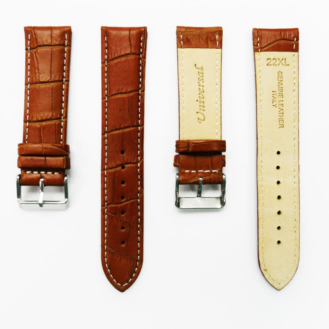 Genuine Leather Watch Band, Light Brown Alligator Straps, Padded, Brown and White Stitches, 22MM, Regular Size, Stainless Steel Silver and Gold Buckle - Universal Jewelers & Watch Tools Inc.