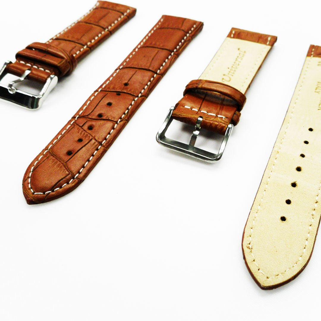 Genuine Leather Watch Band, Light Brown Alligator Straps, Padded, Brown and White Stitches, 22MM, Regular Size, Stainless Steel Silver and Gold Buckle - Universal Jewelers & Watch Tools Inc.