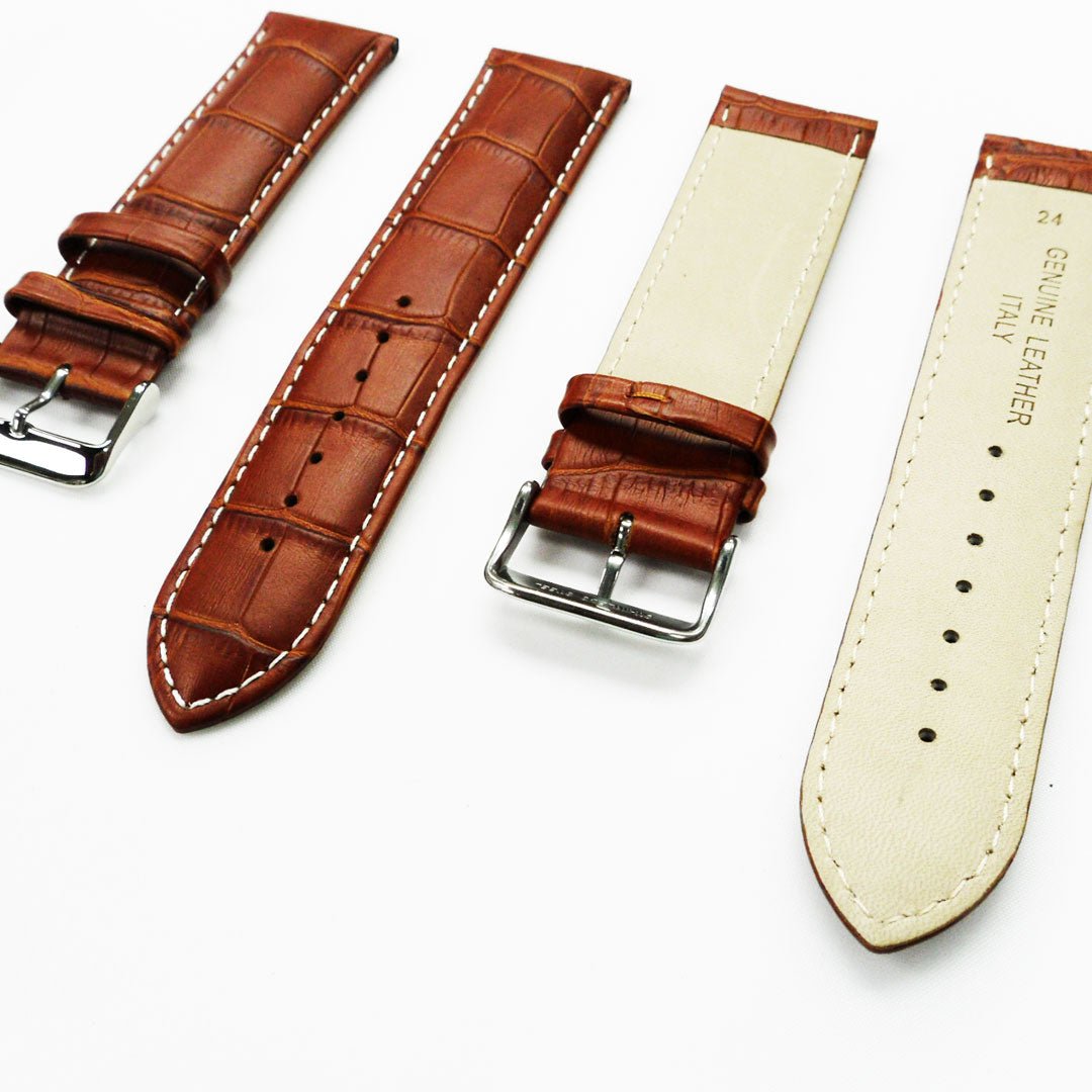 Genuine Leather Watch Band, Light Brown Alligator Straps, Padded, Brown and White Stitches, 24MM, Regular Size, Stainless Steel Silver Buckle - Universal Jewelers & Watch Tools Inc.