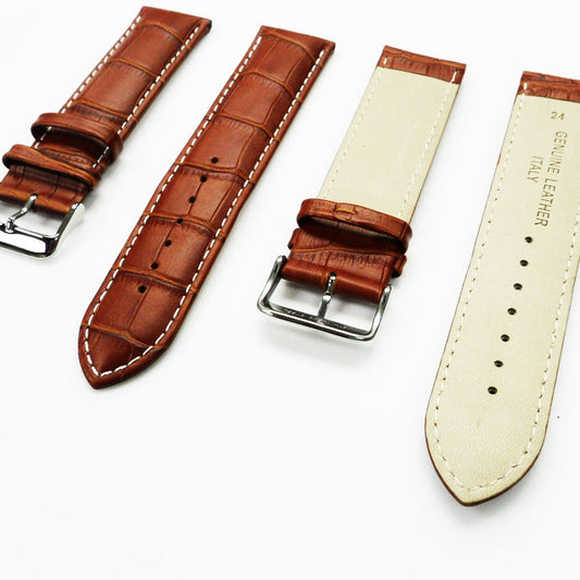 Genuine Leather Watch Band, Light Brown Alligator Straps, Padded, Brown and White Stitches, 24MM, Regular Size, Stainless Steel Silver Buckle - Universal Jewelers & Watch Tools Inc.