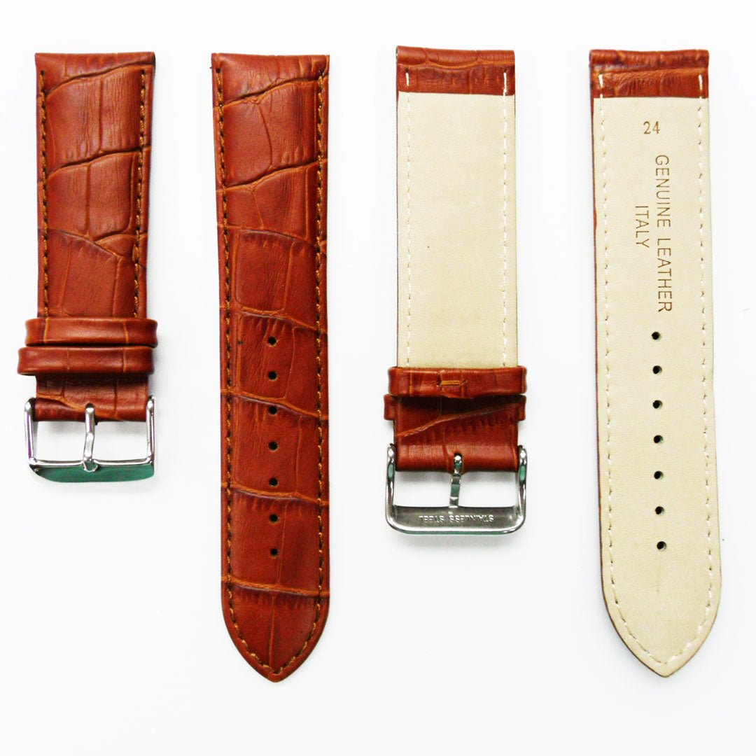 Genuine Leather Watch Band, Light Brown Alligator Straps, Padded, Brown and White Stitches, 24MM, Regular Size, Stainless Steel Silver Buckle - Universal Jewelers & Watch Tools Inc.