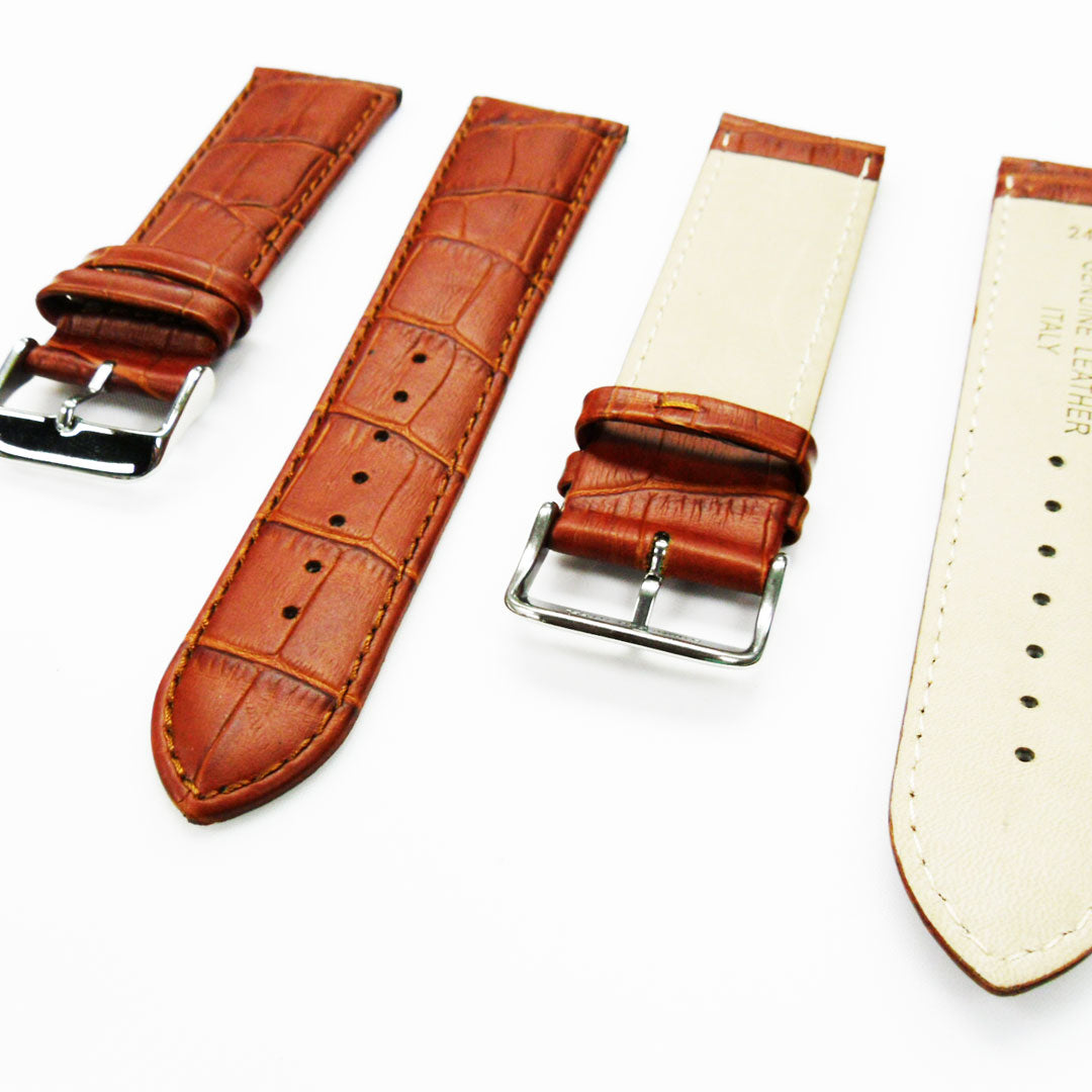 Genuine Leather Watch Band, Light Brown Alligator Straps, Padded, Brown and White Stitches, 24MM, Regular Size, Stainless Steel Silver Buckle