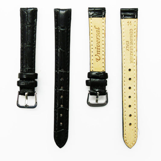 Genuine Leather Womens Watch Band, Black Alligator Style Padded, Black Stitches, 14MM Regular Size, Stainless Steel Silver Buckle - Universal Jewelers & Watch Tools Inc.
