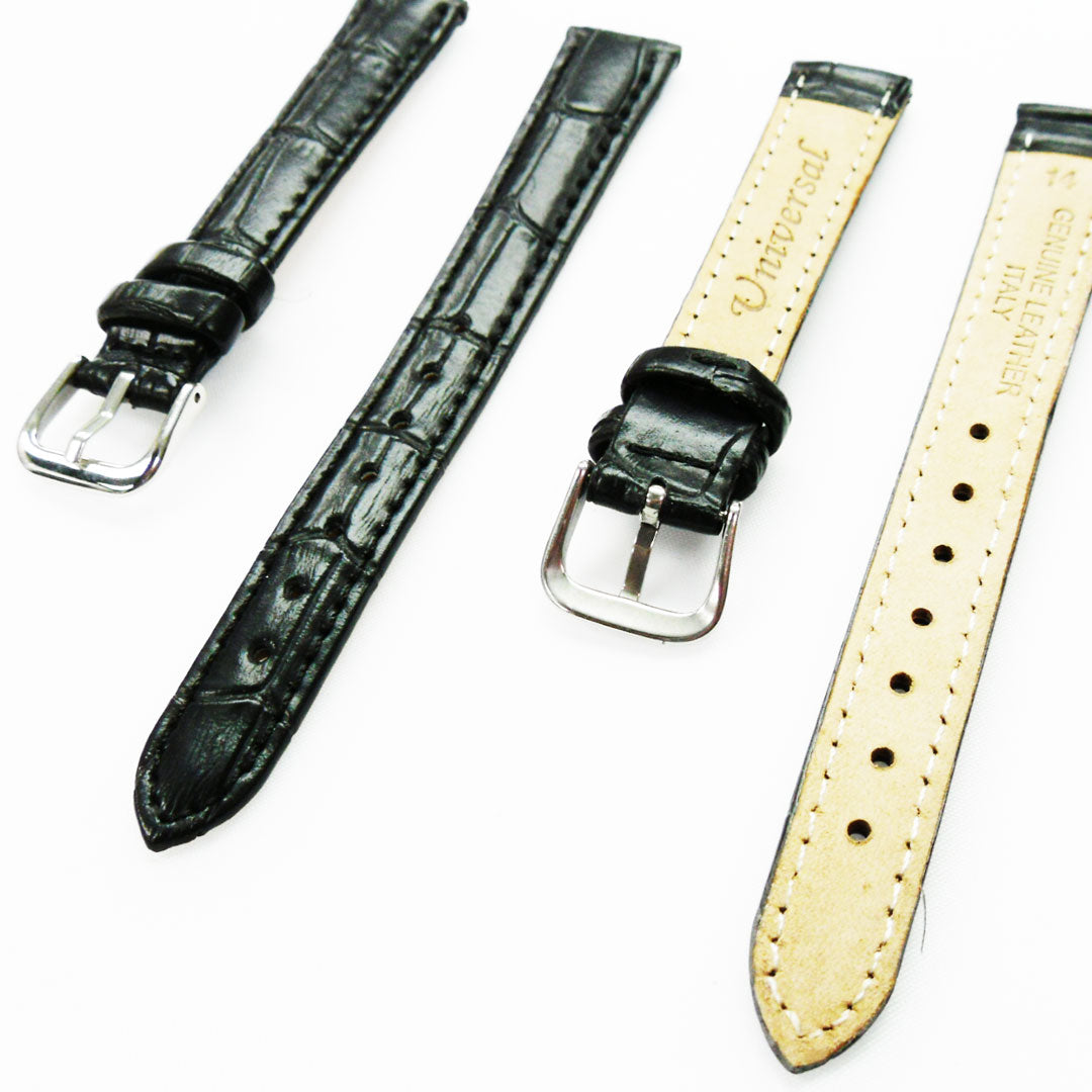 Genuine Leather Womens Watch Band, Black Alligator Style Padded, Black Stitches, 14MM Regular Size, Stainless Steel Silver Buckle